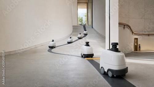 Coordinated Service Robots Reroute Through A Glass Atrium for Technology Background