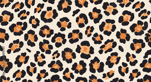 Seamless leopard print pattern featuring organic orange and black spots over a light cream background for textile and fashion.