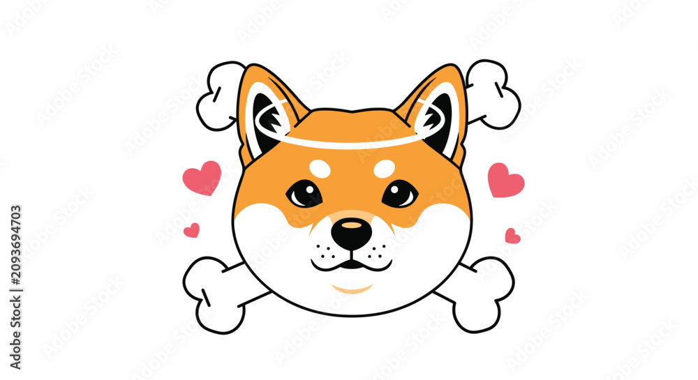 Fototapeta premium Cute cartoon shiba inu dog head depicted as an angel with a halo and bone wings surrounded by small pink hearts.