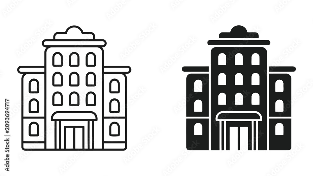 Fototapeta premium Corporate building icon set in linear and solid styles for office architecture