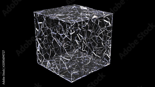 Shattered glass cube - Broken glass elements isolated on dark background - 3D Illustration