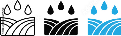 Rain Drops Over Farm Field Icon Set in Outline Fill and Flat Style