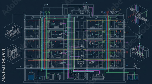 Building plumbing and heating system engineering blueprint