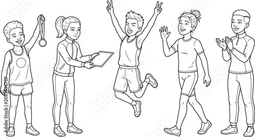 Children Achievement Celebration Line Art Set with Medal Award Certificate and Team Encouragement