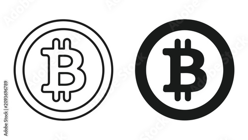 Bitcoin currency icon set in outline and solid style with currency, blockchain