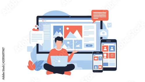 Freelancer sitting with a laptop in front of a giant screen displaying images alongside mobile devices for digital content management.