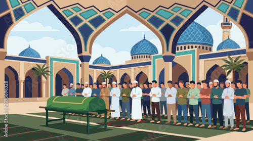 Muslim men stand in rows during a Janazah funeral prayer service held in the courtyard of a grand mosque at daytime.