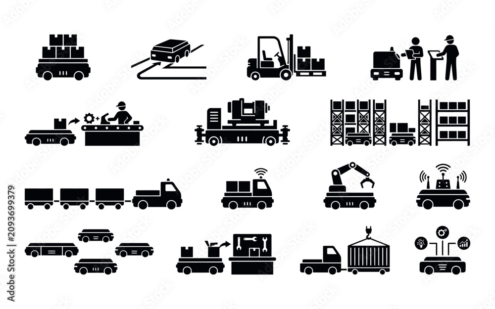 Obraz premium Industrial logistics and transportation icons set in black silhouette