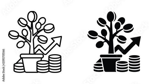 Money growth investment tree icon set with investment business profitability