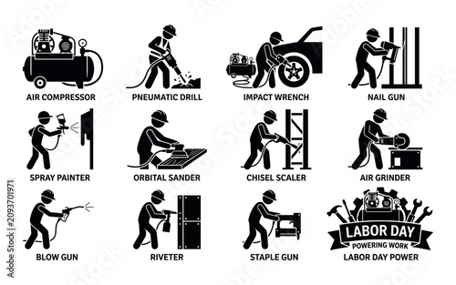 фотографія Labor Day Construction Tools and Workers Silhouette Collection Black and White