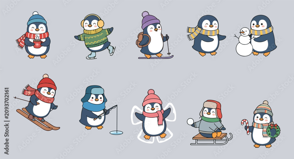 Obraz premium Cute winter penguin character collection with doodle style illustrations of penguins skiing, ice fishing, ice skating, sledding, and making a snowman on a grey background.
