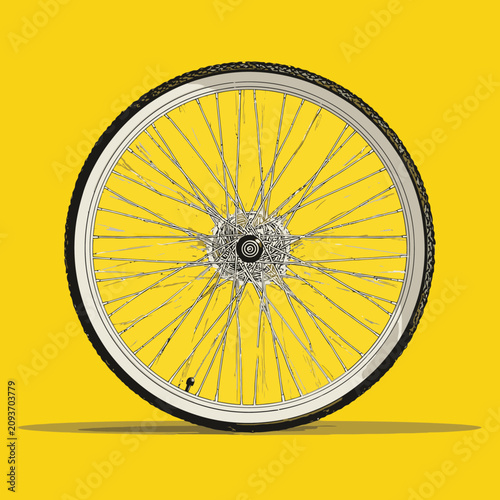 Detailed bicycle wheel illustration on yellow background.