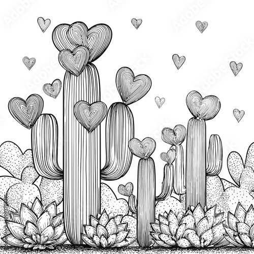 Desert landscape with heart shaped cacti line art.