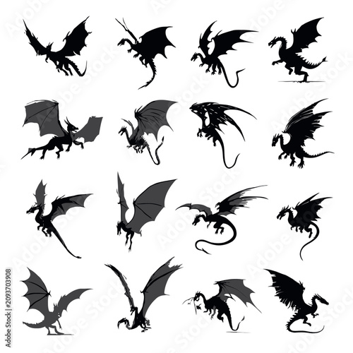 Detailed black dragon silhouettes in perched positions.