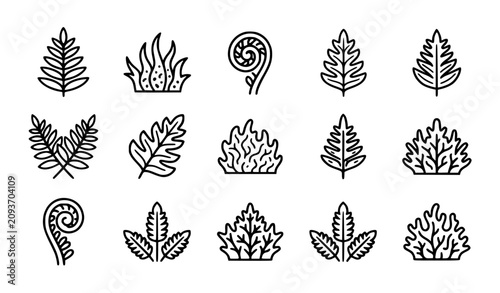 Принти на полотні Generic forest ferns and wild moss vector icon set with simple bold line art cla