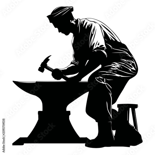 Detailed blacksmith silhouette hitting metal on anvil.