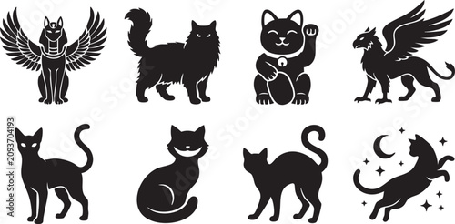 Konstfotografi Mythological and Folkloric Feline Mythical Cat Solid Black Silhouette Vector Pac
