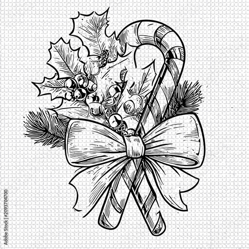 Detailed candy cane with winter foliage sketch.