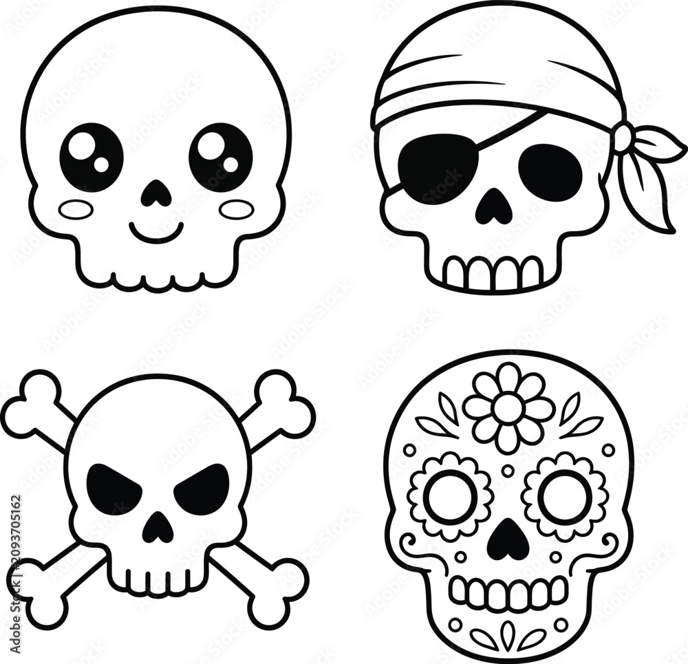 Obraz premium Cute and Decorative Halloween Skull Collection | Sugar Skull and Pirate Skull Vector Set