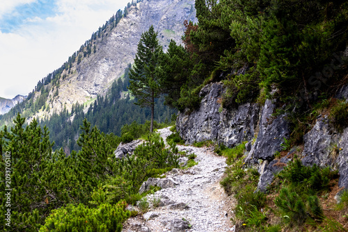 Fotografie Mountain hiking trail along rocky slope with pine trees, Austria, Tyrol, Zams, 2