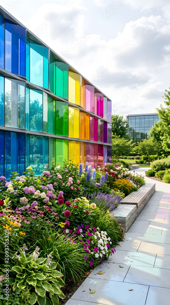 Obraz premium Colorful glass wall. Modern building facade. Urban art.