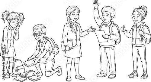 School Children Line Art Set with Learning Support Confidence and Classroom Interaction Illustrations