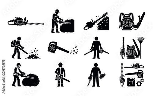Bild auf Leinwand Labor day landscaping tools and workers silhouette collection on a white backgro