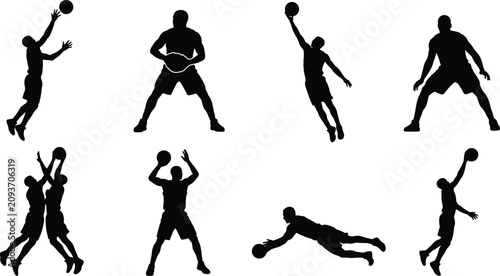 Schilderij op canvas Basketball Player Silhouette Collection Featuring Dribbling Shooting Dunking Reb