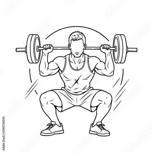 Strong Man Barbell Squat Line Art Vector Illustration | Fitness Workout Outline.