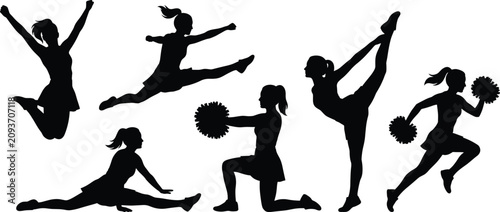 Cheerleader Silhouette Collection Featuring Jumps Splits Stretching Pom Pom and Dance Action Poses