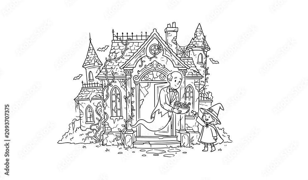 Naklejka premium Ghost butler welcoming trick or treater at mansion door line art