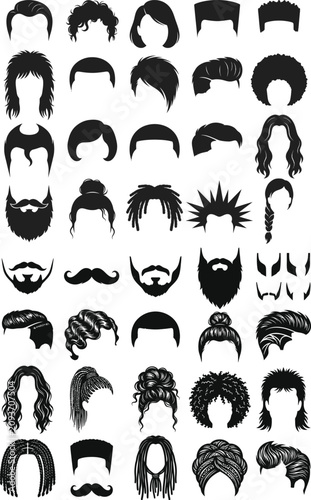 Fotografie Collection of various black silhouette hairstyles and beards