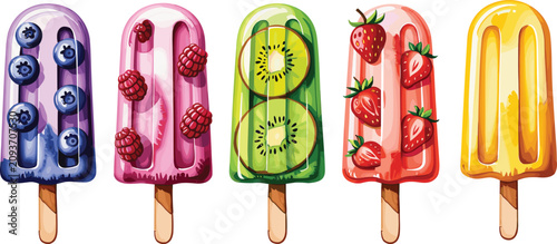 Foto Colorful set of fruit popsicles with blueberries raspberries kiwi strawberry and