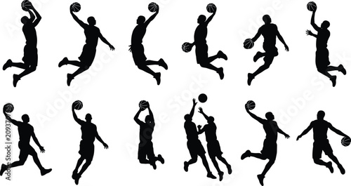 Foto Collection of dynamic male basketball player silhouettes jumping and slam dunkin