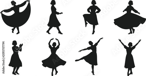 Billede på lærred Collection of elegant female dancer silhouettes in flowing dresses performing gr