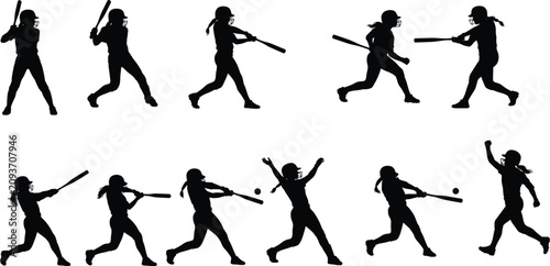 Collection of female softball player silhouettes in dynamic batting action poses isolated on white background