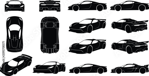Collection of modern sports car silhouettes from multiple viewing angles isolated on white background