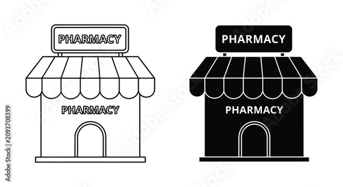 Obraz na plátně Black and white pharmacy storefront icons