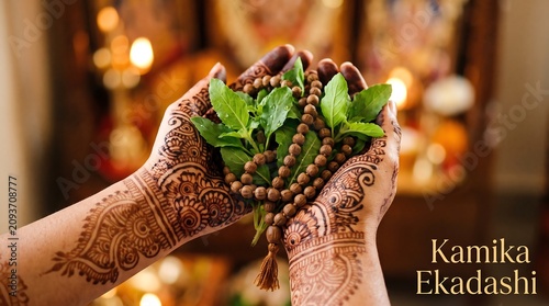  Happy Kamika Ekadashi - Cupped Hands with Henna Holding Tulsi and Mala Beads