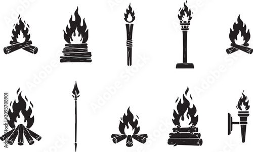 Tableau sur toile Ancient fire elements collection torches bonfires and spears in black silhouette