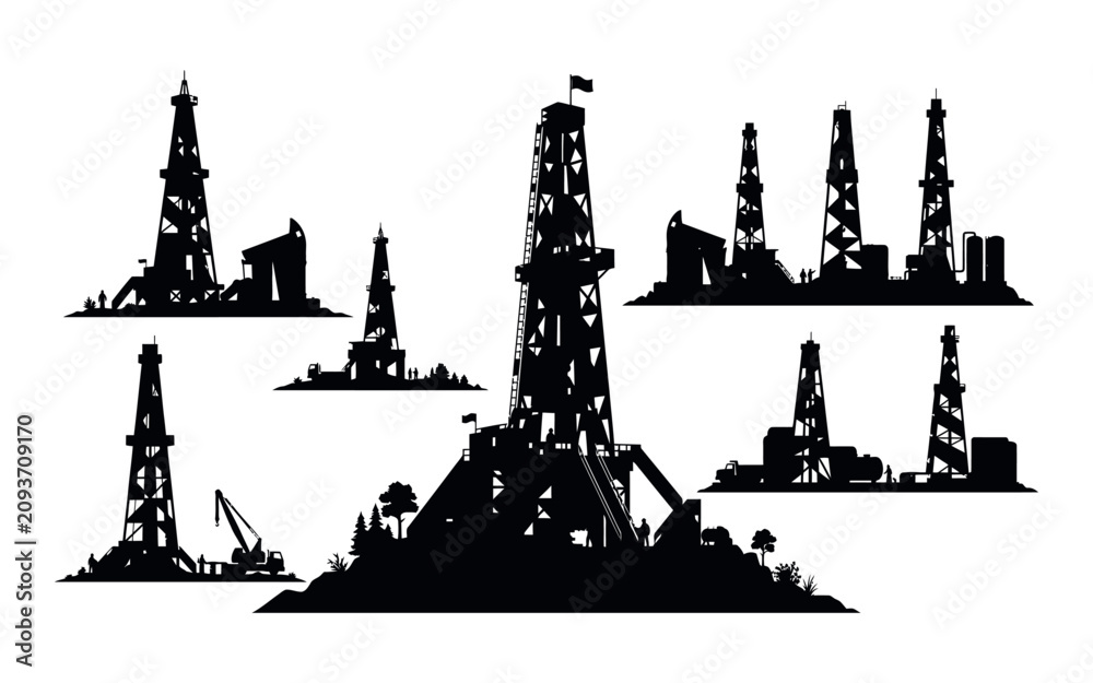 Obraz premium Oil rigs and industrial landscape silhouette against a white background
