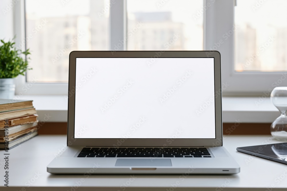 Fototapeta premium The Laptop Displaying a Blank Screen on a Clean Desk by Window Light