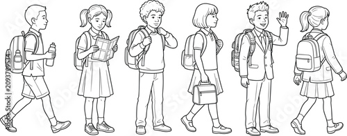 School Children Line Art Set with Walking Reading Backpacks and Student Daily Activities