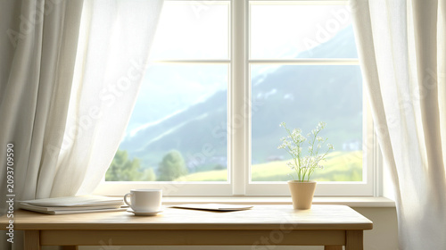 Sunlit Home Workspace with Mountain View and Morning Coffee