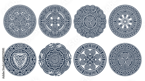 Celtic knot mandala collection, 8 circular viking ornaments with intricate interlaced patterns, ancient nordic shield vector set for tattoo and branding