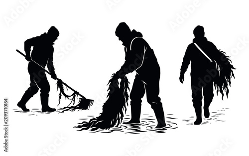 Картината върху платно Labor day workers raking and carrying hay in a field silhouette
