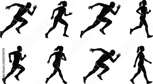 Εκτύπωση καμβά Set of active male and female runner silhouettes sprinting and jogging isolated