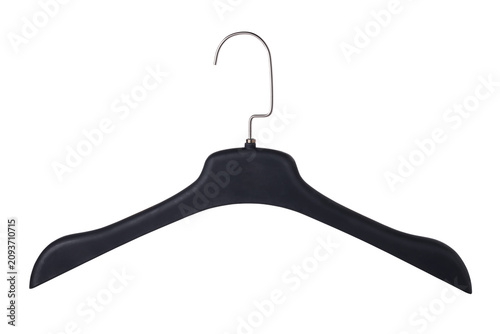 Black plastic clothes hanger with metal hook front view isolated on white background