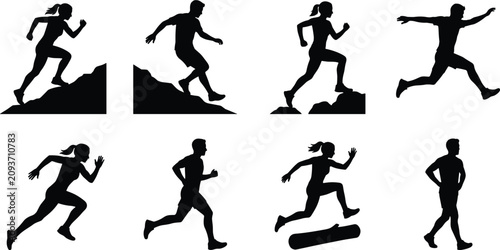 Foto Set of male and female trail runner silhouettes navigating uneven terrain and ju