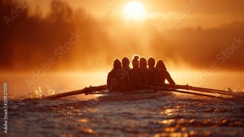 Rowing team silhouetted against a golden sunrise on a misty lake